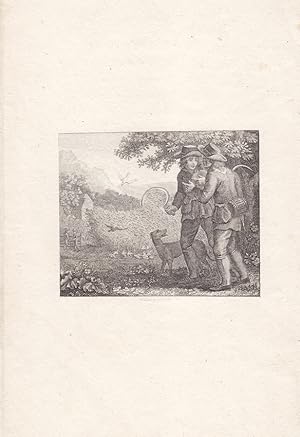 Sense, Hund, Bauern, Dorf, Ernte, Kupferstich um 1780, Blattgröße: 23 x 15 cm, reine Bildgröße: 8...