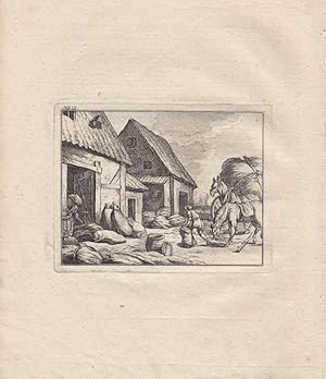 Das Magazin, Ackerbau, Bauern, Pferde, Säcke, Kupferstich um 1776, anhängend weiteres Blatt typog...