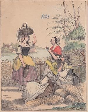 Bäuerinnen, Frauen, Dorf, Garben, altkolorierte Lithographie um 1860, Blatt-, Bildgröße: 15,5 x 1...