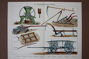 Landwirtschaftliche Geräte, Schaufel, Sense, Pflug, Egge, Farblithographie um 1880, Blattgröße: 3...