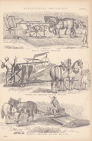 Agricultural Implements, Mähmaschine, Ernte, Holzstich um 1880 mit drei Einzelabbildungen, Blattg...