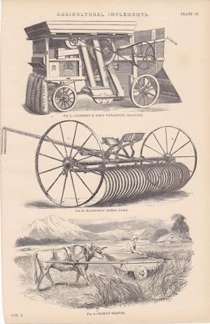 Agricultural Implements, Erntemaschine, Holzstich um 1880 mit drei Einzelabbildungen, Blattgröße:...