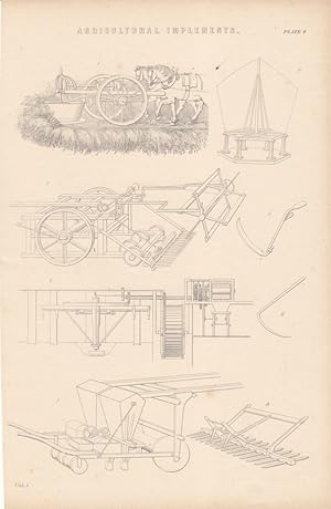 Agricultural Implements, Mähmaschine, Ernte, Holzstich um 1880 mit Einzelabbildungen, Blattgröße:...