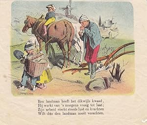 Bauer, Pflug, Pferde, Kinder, altkolorierter Holzstich um 1860, Blattgröße: 13 x 15,5 cm, reine B...