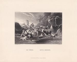 Die Tränke, Cattle Drinking, Rinder, Bauern, Wäscherinnen, Stahlstich um 1855 von W. French nach ...