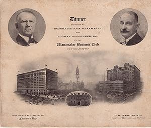 Menu and Program for March 12, 1915 (Founder's Day) Dinner Held for Honorable John Wanamaker and ...