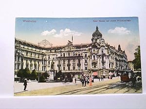 AK Wiesbaden, Hotel Nassau mit oberer Wilhelmstraße, Personen, Strassenbahn, Denkmal, 1920, Gelau...