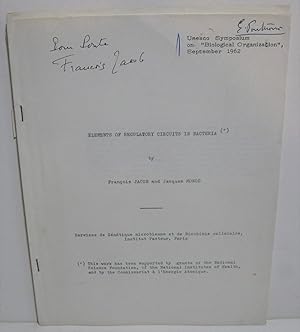 Seller image for Elements of Regulatory Circuits in Bacteria." Unesco Symposium on "Biological Organization", September 1962. Mimeographed typescript of Manuscript. SIGNED BY FRANOIS JACOB TO GUIDO PONTECORVO. WITH: TYPED LETTER, SIGNED, BY FRANOIS JACOB TO GUIDO PONTECORVO, October 29, 1962 for sale by Scientia Books, ABAA ILAB
