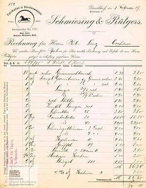 Image du vendeur pour Schmiesing & Rtgers Fabrikation von Brstenwaaren. Dekorative Rechnung mit Vignette eines springenden Pferdes ber Gummiartikel, Schrubber, Fensterleder, Striegel und Medicin-Korken. Dsseldorf 1909 mis en vente par historicArt Antiquariat & Kunsthandlung