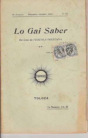 Seller image for LO GAI SABER Revista de l'Escola Occitan 6a Annada N 31 Setembre-Octobre 1924 for sale by Bouquinerie L'Ivre Livre