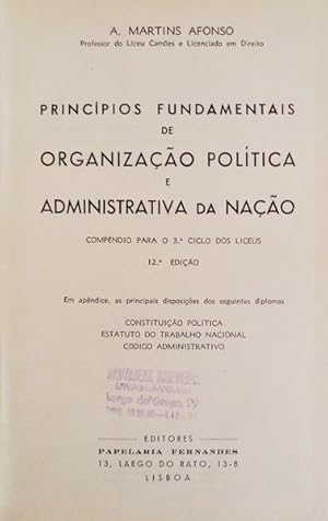 Seller image for PRINCPIOS FUNDAMENTAIS DE ORGANIZAO POLTICA E ADMINISTRATIVA DA NAO. [PAP. FERNANDES - 1964] for sale by Livraria Castro e Silva