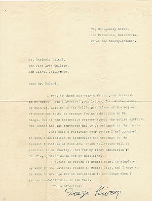 Typed Letter SIGNED about painting murals and art exhibitions, small folio, San Francisco, March ...