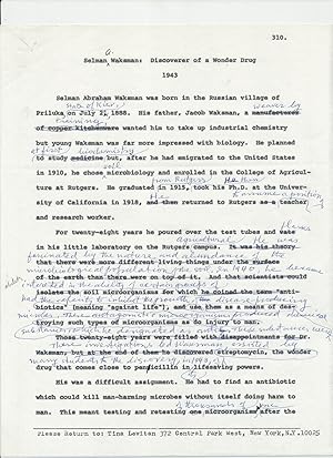 "Selman Waksman: Discoverer of a Wonder Drug 1943." Autobiographaical Typed Document Signed and t...