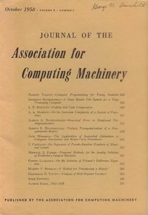 Seller image for Journal of the Association for Computing Machinery: October, 1958 (Volume 5, Number 4) for sale by Paperback Recycler