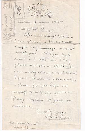 Imagen del vendedor de AUTOGRAPH LETTER TO EDUCATOR HAROLD RUGG SIGNED BY MEXICAN WRITER ALFONSO REYES. a la venta por Blue Mountain Books & Manuscripts, Ltd.