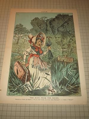 Seller image for 1883 Puck Lithograph "The Echo From The Rocks" - Republican Party (In Despair) "Oh, By What Means Can I Ever Reach Harmony!"--Echo:--"Money!" for sale by rareviewbooks