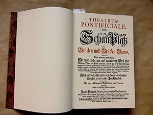 Imagen del vendedor de Theatrum Pontificiale, Oder Schau-Platz der Brcken und Brcken-Baues, Das ist: Eine deutliche Anweisung, Wie man nicht nur auf mancherley Arth ber Grben, Bche und Flsse gelangen, auch so gar in Wassers-Noth mit gewissen Machinen und besondern Habit sein Leben retten kan, ferner nach aller Begebenheit und Zufllen, bequeme und bestndige Brcken, so wohl hltzerne auf Jochen oder steinern Pfeilern, als ohne dieselben mit Heng- und Spreng-Wercken, ingleichen gantz steinerne nach der Kunst mit Vortheil und Bestand zu erbauen; dann auch wie vielerley Arthen von Fhren, Fliegenden, Sturm- Feld- und dergleichen Brcken, anzugeben; Alles mit vielen Exempeln und denen vornehmsten Brcken in und ausser Teutschlandes, absonderlich aber Mit einer vollkommenen Beschreibung derer Pontons vorgestellet und in 60. Kupffer-Platten erlutert a la venta por Versandantiquariat Dr. Wolfgang Ru