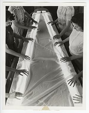 Modernist WWII Press Photograph of Women Testing Parachutes for Flaws with Light