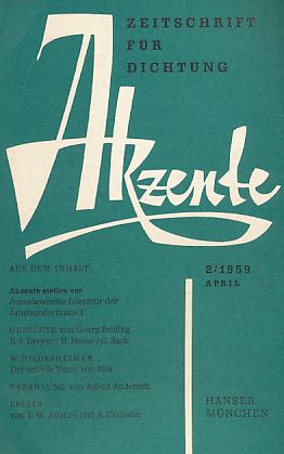 Bild des Verkufers fr Akzente. Heft 2 / 1959. Zeitschrift fr Dichtung. zum Verkauf von Fundus-Online GbR Borkert Schwarz Zerfa