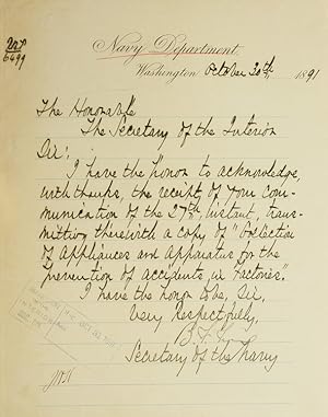 Immagine del venditore per Letter Signed. To The Honorable Secretary of the Interior. Acknowledging receipt of a copy of "Collection of Appliances and Apparatus for the Prevention of Accidents in Factories." venduto da The Old Mill Bookshop