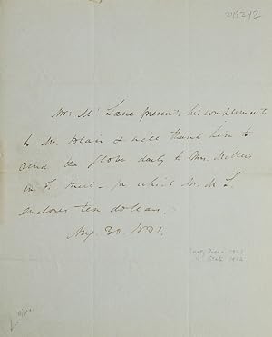 Image du vendeur pour Autograph Letter, signed. As Secretary of the Treasury. To Mr. Blair, editor of the Globe asking him to send the Globe to Mrs. Millers in J Street and enclosing $10.00 mis en vente par The Old Mill Bookshop