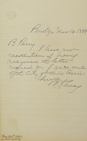 Immagine del venditore per Autograph Letter, signed, to B. Perry. He doesn't remember receiving a letter venduto da The Old Mill Bookshop