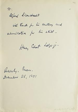 Immagine del venditore per Autograph Note Signed to LIFE photographer ALFRED EISENSTAEDT, "To Alfred Eisenstaedt, With thanks for his courtesy and admiration for his skill-Henry Cabot Lodge. " venduto da The Old Mill Bookshop