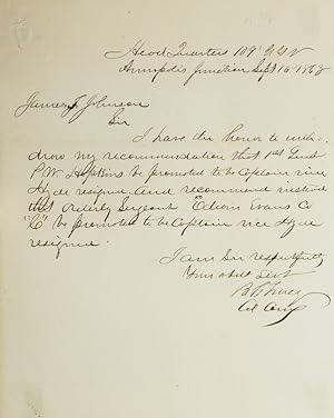 Immagine del venditore per Letter Signed. To James J. Johnson. Withdrawing the recommendation of promotion of Ist Lieut. P.W. Hopkins and placing instead the name of Orderly Sargeant Edwin Evans Co. "C" venduto da The Old Mill Bookshop