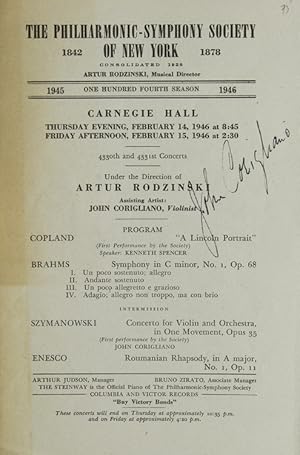 Carnegie Hall Program, SIGNED BY JOHN CORIGLIANO, violinist, who performed with the Philharmonic-...