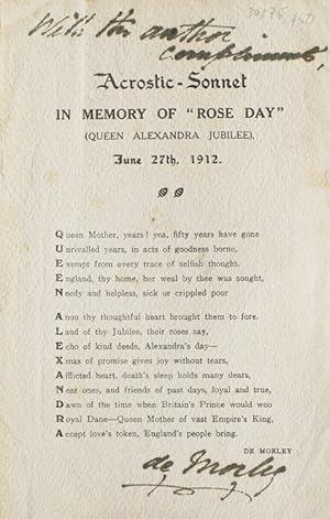 Printed sheet reading "Acrostic-Sonnet in Memory of "Rose Day' (Queen Alexandra Jubilee). June 27...