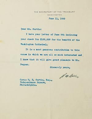 Typed Letter, Signed. To Cyrus Curtis, thanking him for $100,000 for the Washington Cathedral
