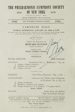 Carnegie Hall Program, SIGNED BY ISAAC STERN, violinist, who performed with the Philharmonic-Symp...