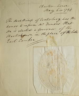 Manuscript letter written in the third person to Mr. Dundas, with Archbishop's seal affixed