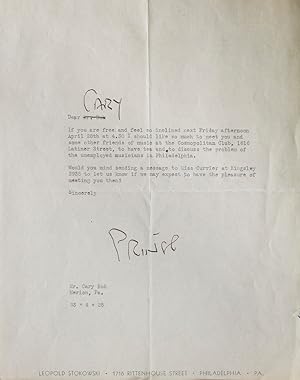 Leopold Stokowski. Typed letter, signed ("Prince", Bok's nickname for him), talking about "yens" ...