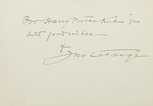 Bild des Verkufers fr Card inscribed in ink, "For Harry Porter Kuhn Jr / with good wishes of / Jno La Farge" zum Verkauf von James Cummins Bookseller, ABAA