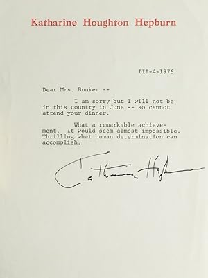 Typed letter, signed "Katharine Hepburn," To Mrs. [Isabel Leighton] Bunker