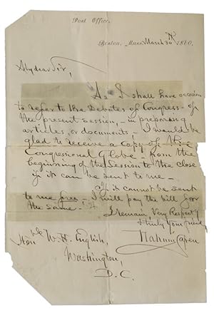 Autograph Letter signed ("Nahum Capen"), as Postmaster, to the Honorable W.H. English pf Washingt...