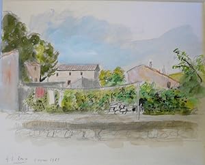 Studie einer kleinen Ortschaft in der Provence. Aquarell mit Tusche und Buntstift über Bleistift.