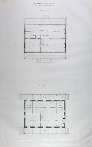 "Nordamericanische Bauart. Details von den Wohnhäusern in New York" originale Feder-Lithographie ...