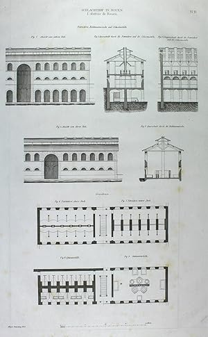 "Schlachthof in Rouen." [von Etienne-Théodore Dommey (1801 - 1872)] originale Feder-Lithographie ...