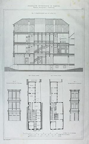 "Bürgerliche Wohngebäude in Hamburg" originale Feder-Lithographie auf Papier/paper ca.42x27cm; Bl...