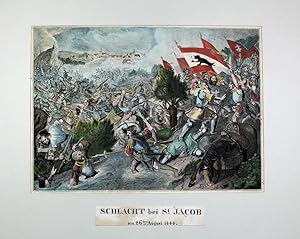 "Schlacht bei St. Jakob (an der Birs) am 26ten August 1444" originale aquarellierte Lithographie ...