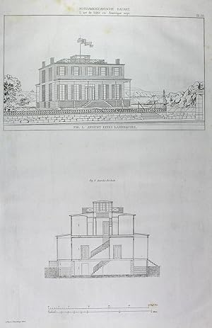 "Nordamericanische Bauart. Ansicht eines Landhauses" originale Feder-Lithographie auf Papier/pape...