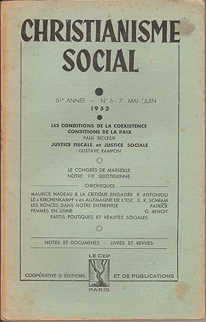 Seller image for CHRISTIANISME SOCIAL 61e Anne  N 6-7 Mai-Juin 1953 for sale by Bouquinerie L'Ivre Livre