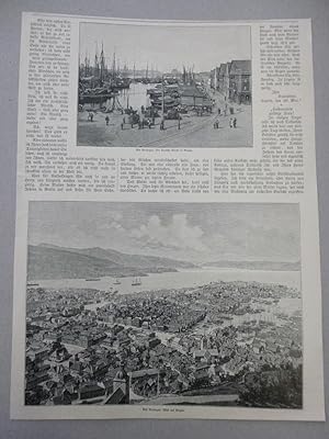 orig. Holzstich Die Deutsche Brücke in Bergen & Blick auf Bergen - 2 Ansichten auf einem Blatt - ...