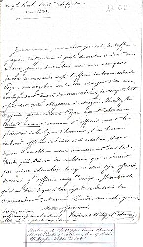 Imagen del vendedor de [ Ferdinand Philippe, Duke of 'Orlans. ] Autograph Letter Signed ('Ferdinand Philippe d'Orleans') to a general, pressing the claims of the Napoleonic War veteran Colonel Joseph Simon Pozac to the Croix de Commandeur of the Legion d'Honneur. a la venta por Richard M. Ford Ltd