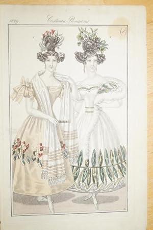 Altkolorierter Mode-Kupferstich aus " Costume Parisien" um 1829.