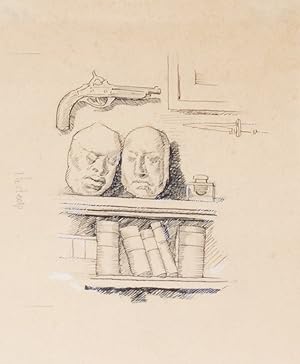 ORIGINAL pen illustration, picturing book shelf with two masks above and pistol hanging on the wall