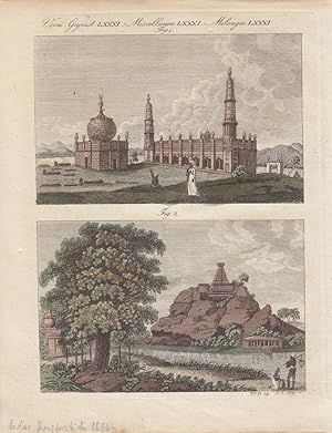 Moscheen und Pagoden in Hindostan, Arkot, Wira-Mally, altkolorierter Kupferstich von 1806 mit zwe...