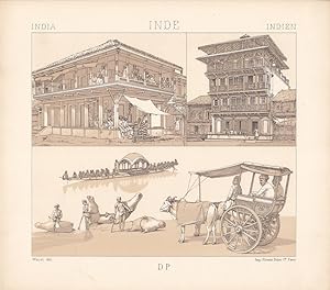 Indien Wohnungen, Transportmittel, altkolorierte Lithographie von 1888 von Chataignon aus Geschic...